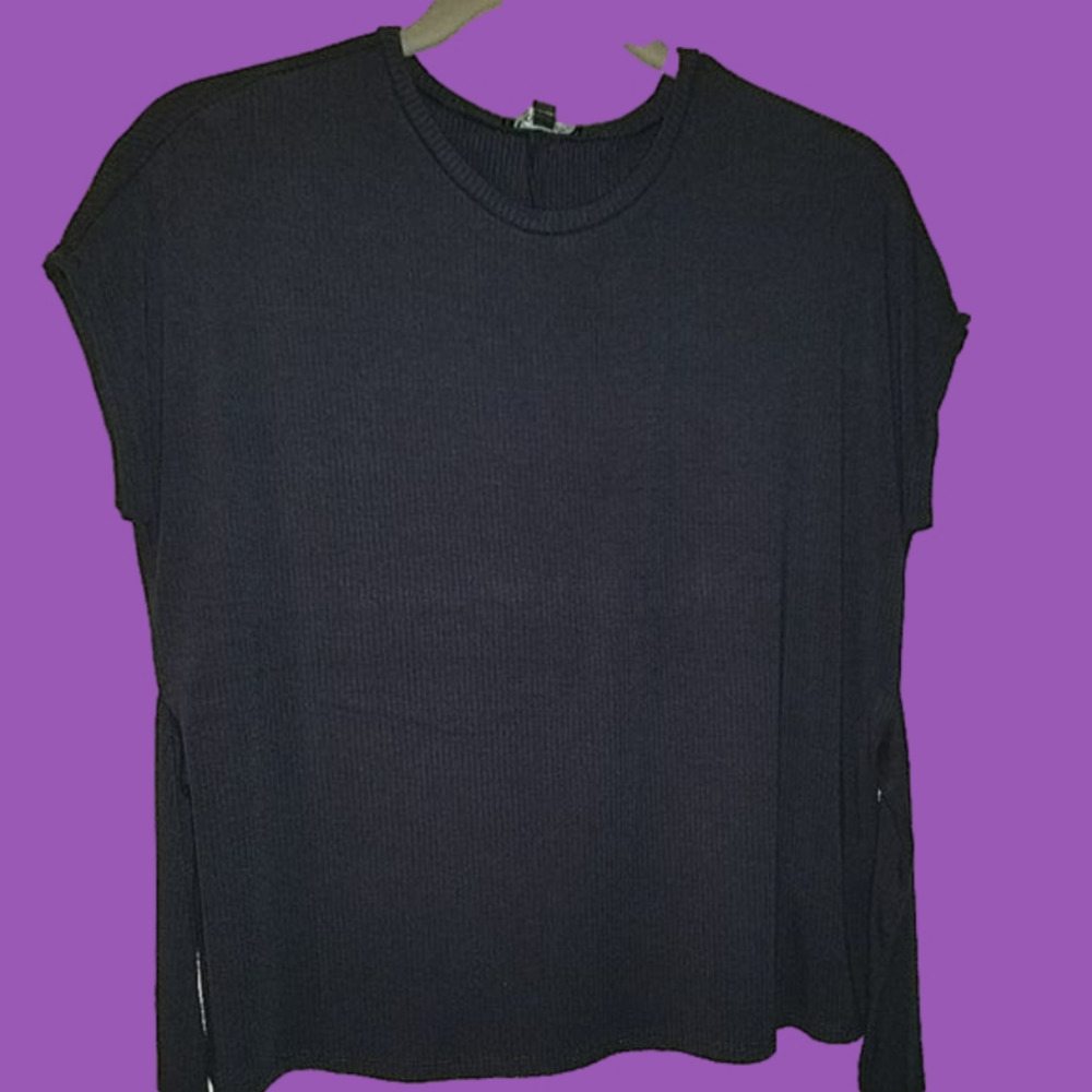 Express Navy Blue Ribbed Tie Front Tee Top XS - Picture 3 of 7